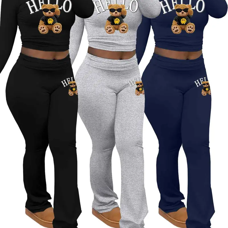 Women's Letter Print Fitted Long Sleeve Tee & Flare Leg Pants Set, Casual Round Neck Top & Bell Bottom Trousers for Spring & Fall, Women's Clothes for Daily Wear, Womenswear, Lady, Cozy Lounge Set, Fashion Clothes Set, Fashion Clothing Set
