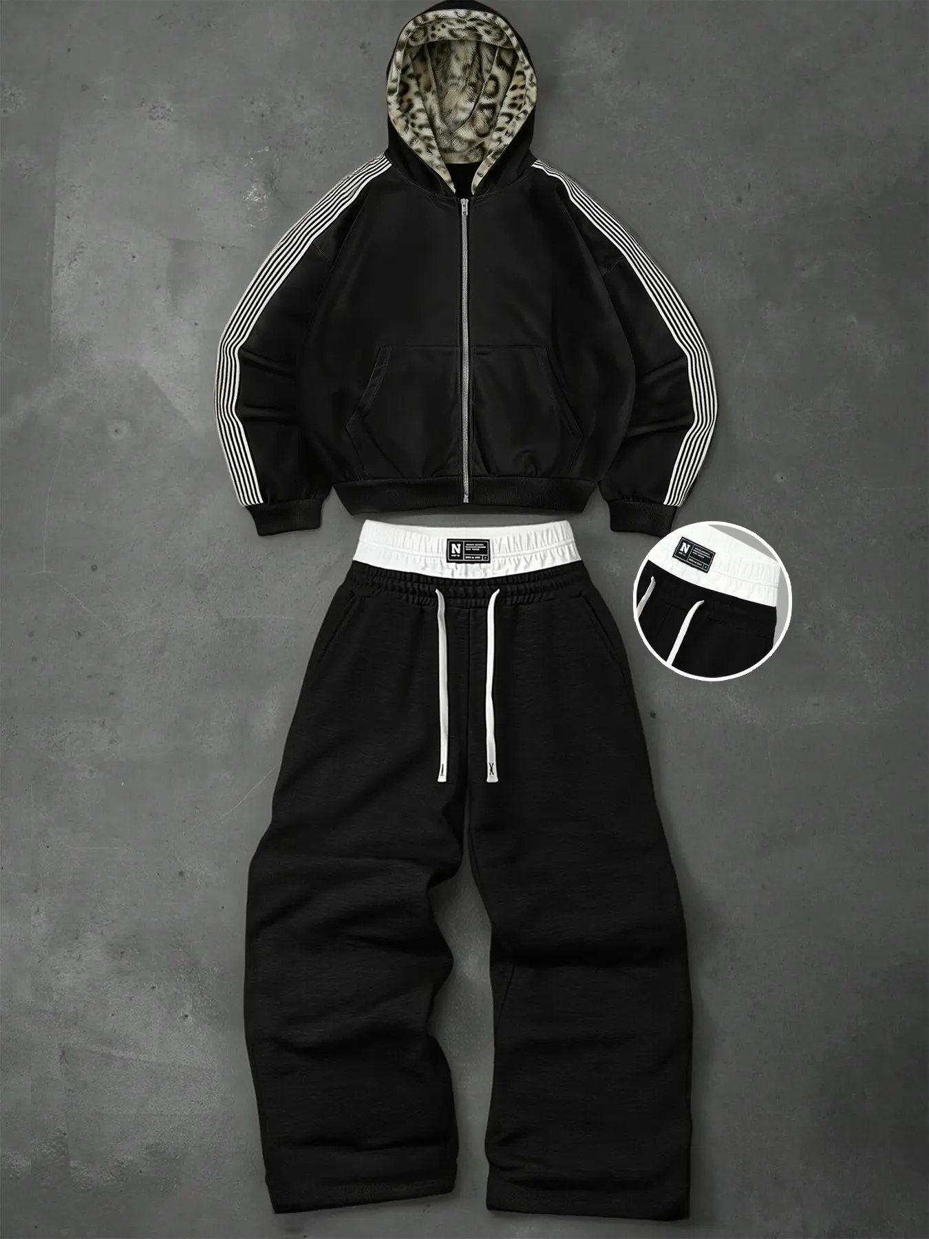 Men’s Reversible Leopard Lined Hoodie Tracksuit 2 Piece Set, Side Striped Zip Up Hooded Jacket & Wide Leg Sweatpants Matching Outfit, Streetwear Y2K Hip Hop Co Ord, Soft Smooth Outer Fabric, Lush Leopard Print Lining Inside Hood, Triple White Stripes On S