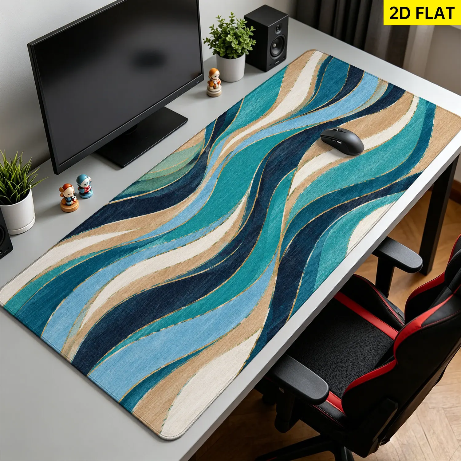 Extra Large abstract blue ocean waves design Mouse Pad,Non Slip Rubber Pad,Desktop Decoration Drotection Pad,Washable,Lock Edge Multi Size,Premium Multipurpose Mousepad For Home,Office,Gift for Family and Friends