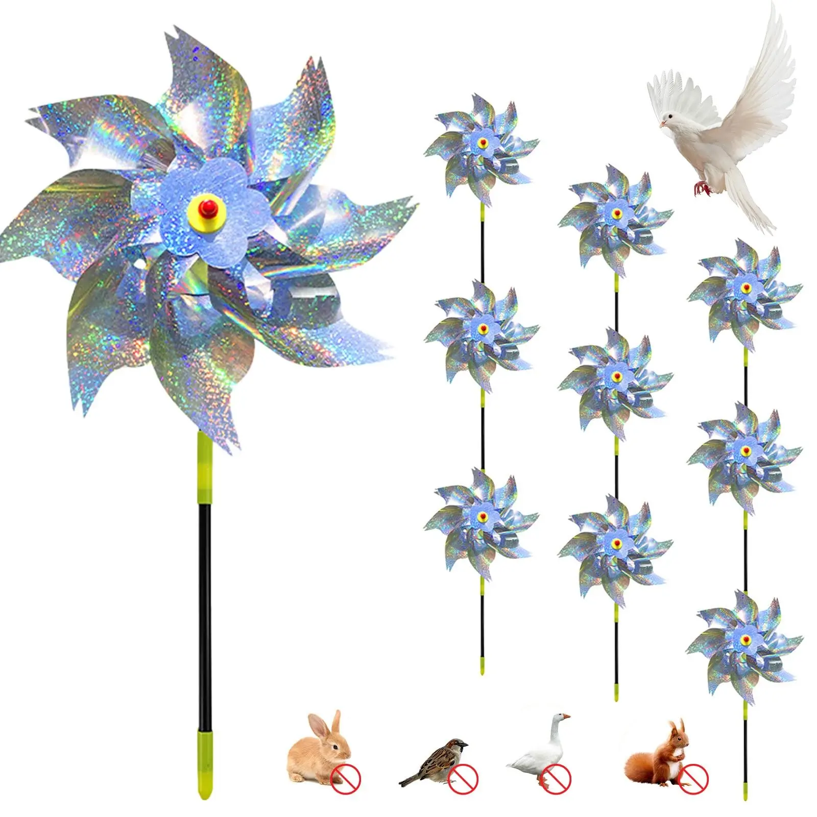 Reflective Pinwheels for Yard and Garden, 10-Pack Bird Deterrents, Wind Mill for Outdoor Use, Silver Color, Patio Farm Orchard Decor, Lawn Decoration