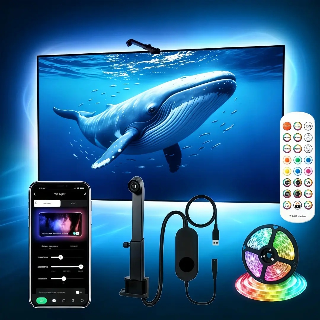 TV Backlight with Camera, Screen Sync RGB LED Strip, APP and Remote Control, Music Sync Polarized Lighting for 32-75 Inch Tvs, LED Colorful Lights
