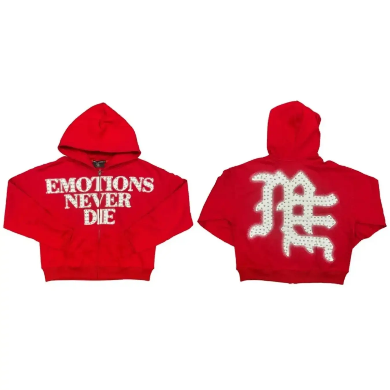 MIXED EMOTION Rhinestone Letter Zip Up Hoodie, Heavy Fleece Washed Streetwear Layer, "Emotions Never Die" Graphic, Y2K Hip Hop Vintage Oversized Unisex Style