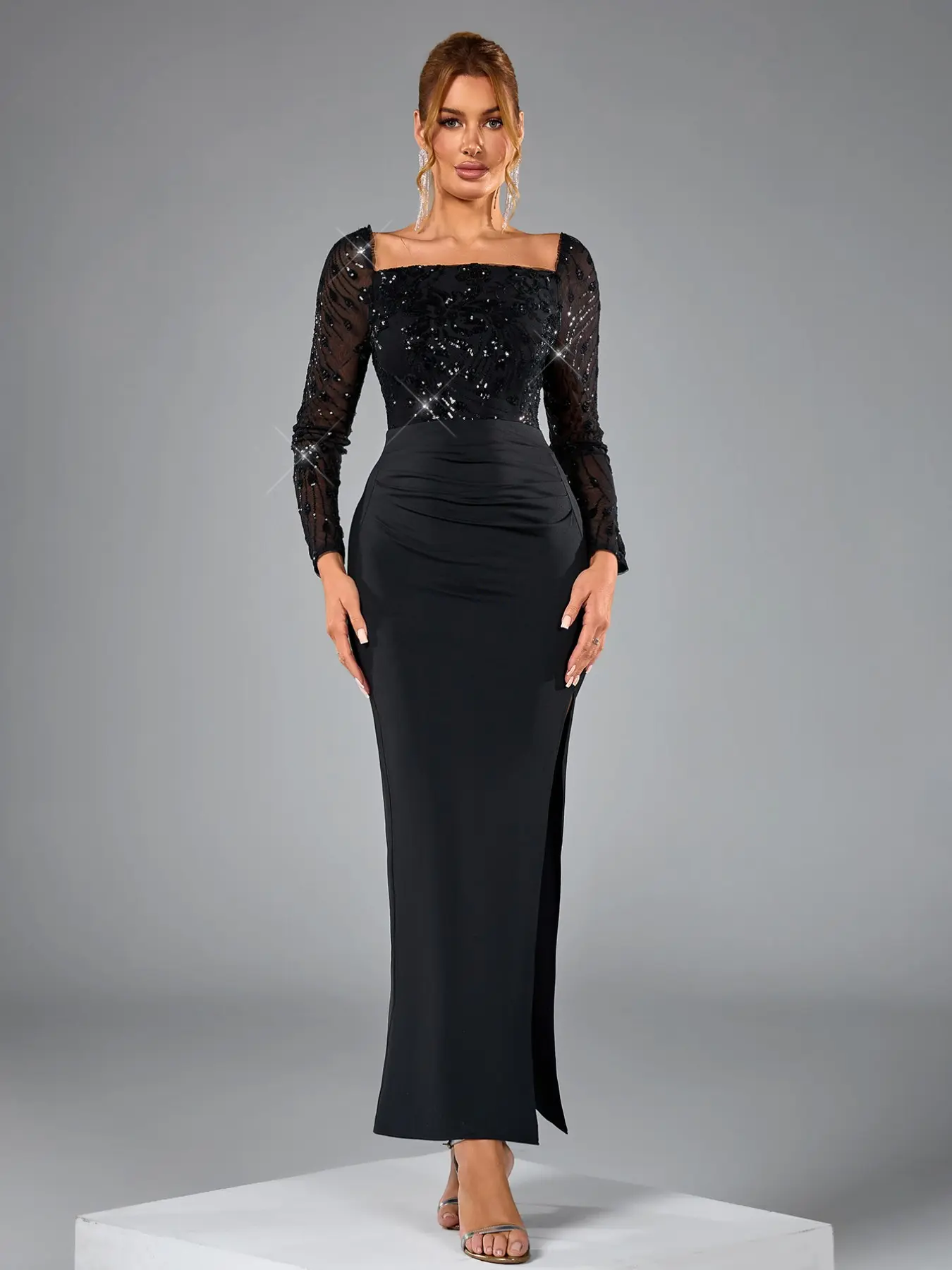 Elegant Women's Evening Gown, Sexy Bridesmaid Dress, Sheer Mesh Sequin Split Dress, Luxury Long Party Dress, Wedding Guest Dress