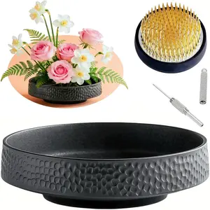 Japanese Ikebana Vase Kit Flower Arranging Supplies with 2.4inch Kenzan Floral Frog, Needle Straightening Tool, Hammering Pattern Ikebana Bowl Flower Container