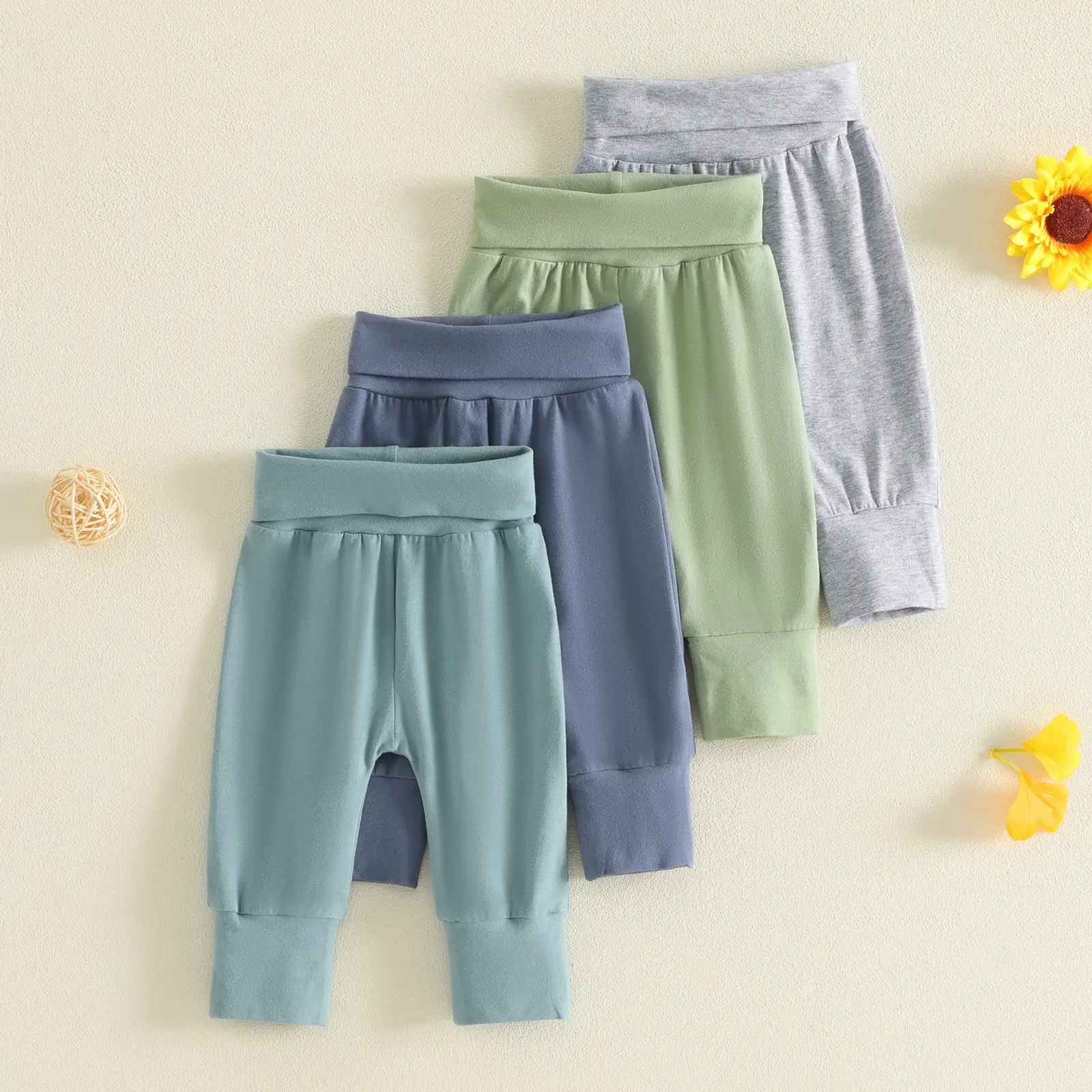 Newborn Baby Boys Pants Fall Winter Solid Color Fold-Over Elastic Waist Trousers