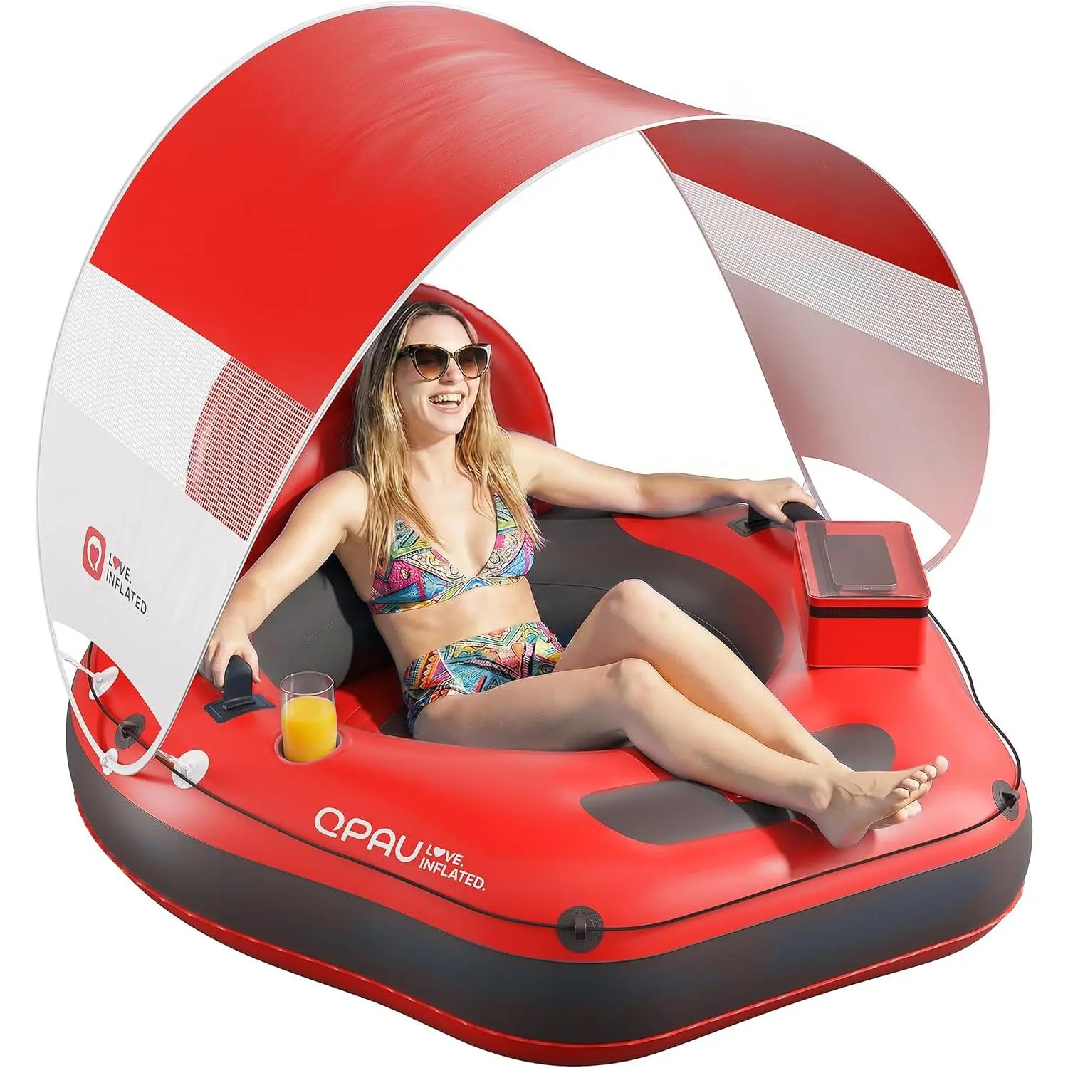 64cm Large Heavy-Duty PVC Inflatable River Tube for Adults - Water Sports Accessory with Removable Sun Shade Canopy, Ergonomic Legrest, Backrest, Waterproof Bag, Cup Holders, Ideal for Rivers, Lakes