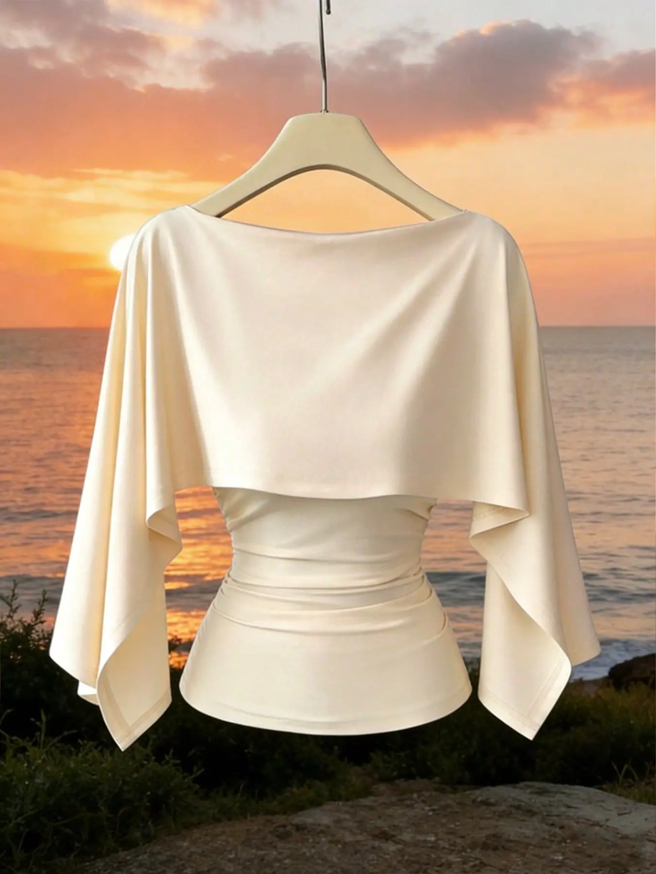 New Women's Shawl-Style Sleeveless Stretch Knit Top, Youthful Elegance, Daily Wear, Waist Cinch, Tall and Slimming, Ladies T-Shirt