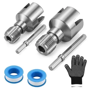 2 count PVC/Plastic Pipe Threader Tool with Glove, Integrated Internal & External 4 in 1 Water Pipe Wrench for 1/2'', 3/4'' Dies, Compatible with Electric Drill, PVC, PPR, MPP Pipes