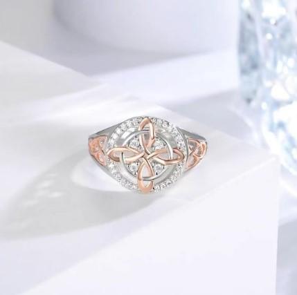 925 Sterling Silver Rose Gold Plated Celtic Knot Ring - Witch Knot Jewelry, Cubic Zirconia Decorated S925 Witches Knot Ring, Witchtok Pagan Jewelry
