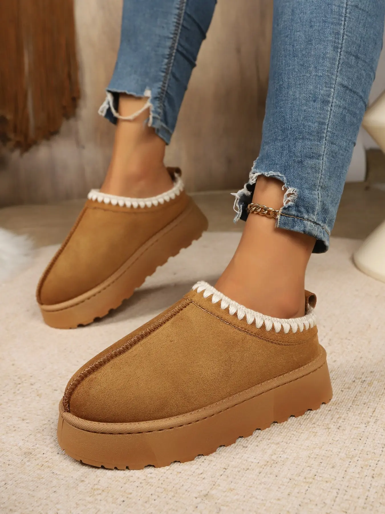 Vintage Lace-Up Women's Thick Sole Cotton Shoes, Full Ankle Snow Boots, Fleece Lining Warm Winter Footwear, Fashionable Textile Upper