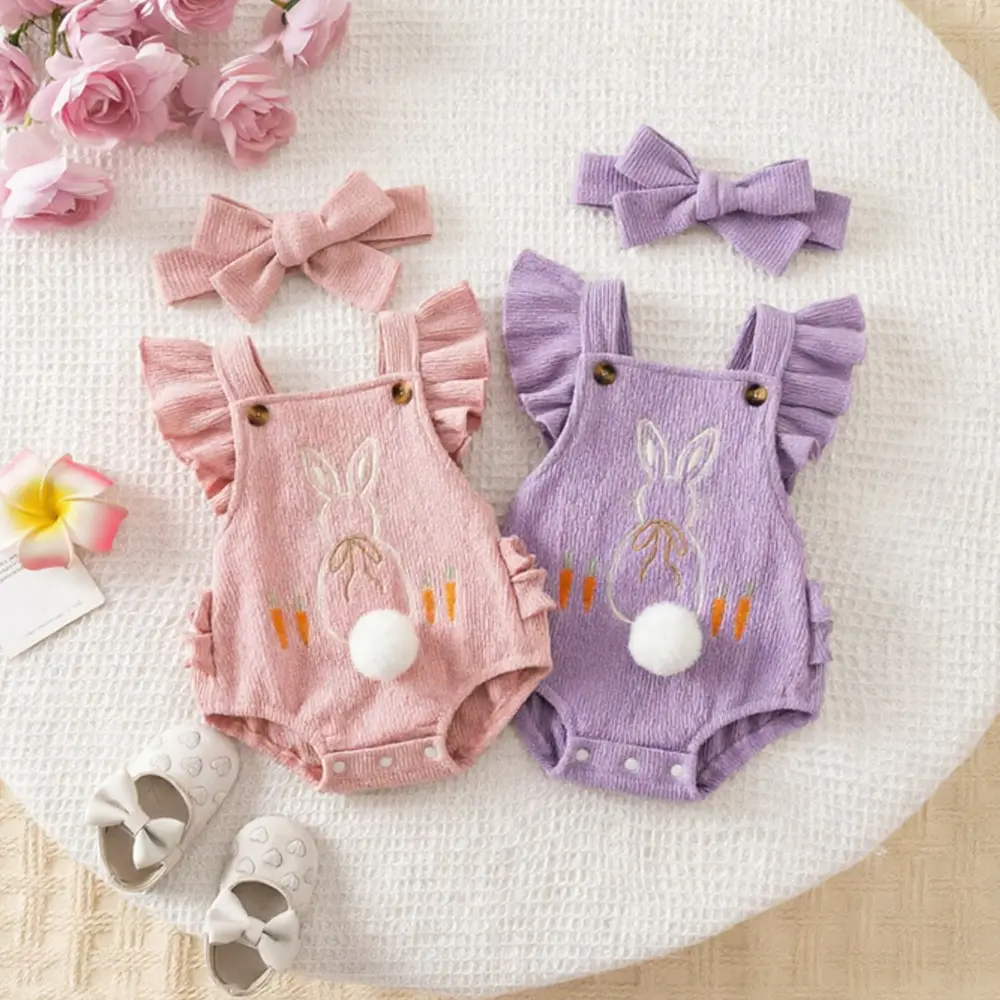 Baby Girls Rompers Bunny Carrot Embroidery Fly Sleeve Frills Backless Summer Toddler Easter Clothes Bodysuits with Headband,Perfect for Girls in Summer, for Outdoor,Adorable Bunny Romper