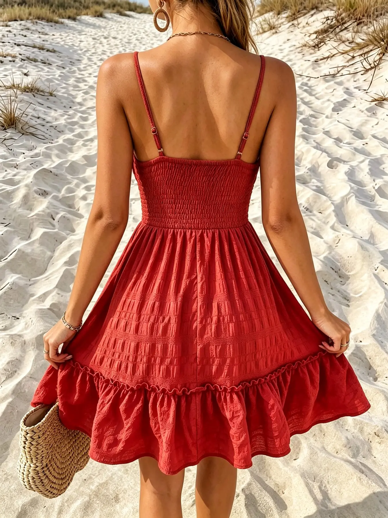 Women Spaghetti Strap Smocked Mini Dress Ruffle Hem Backless Beach Vacation Sundress Summer Flowy Cami Dress Tie Front Elastic Waist Ruffle Short Dress Holiday Outfits Backless Adjustable Spaghetti Strap Ruffle Hem Beach Holiday Mini Dress