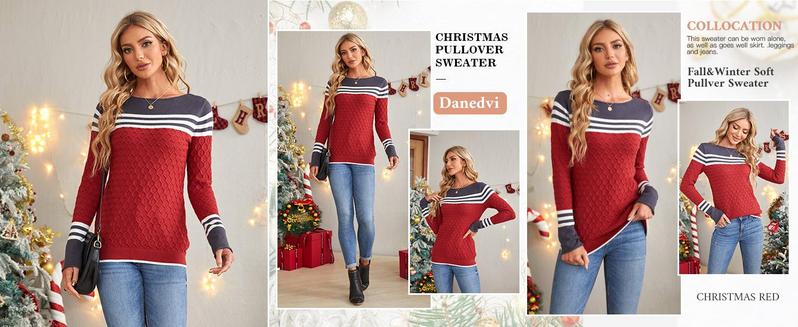 PASLTER Women Autumn Winter Colorblock Pullover Sweaters Round Neck Striped Slim Fitting Knitwear Tops Crewneck Womenswear