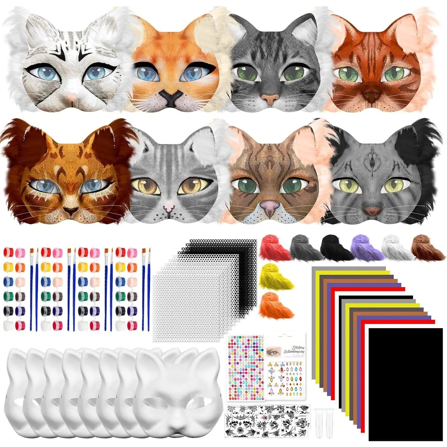 124 PCS DIY Therian Cat Mask Kit Furry Masks with Fur Eye Mesh Stickers for Christmas Easter Crafts Masquerade Cosplay Dress Up Party