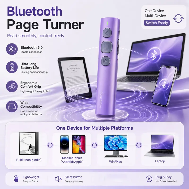 Wireless E-Book Page Turner, Handsfree Scrolling Remote Control, Remote Controller for Phones/Tablets. Perfect for reading, binge-watching & web browsing. Features remote camera shutter, responsive control, multi-device support & long battery life