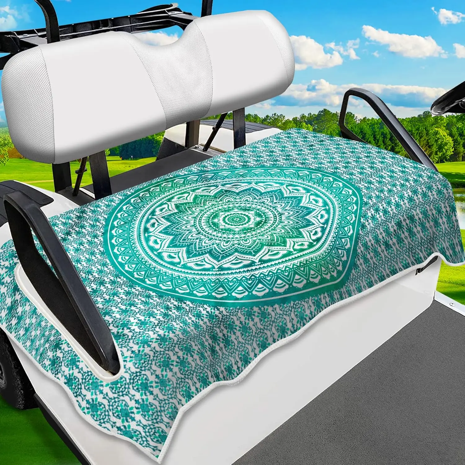 Bohemian Golf Cart Seat Cover, Easy to Install Soft Microfiber Towel for Adults, Sweat-Absorbent & Machine Washable, Universal Fit for 2/4 Seater Club Car, EZGO, Yamaha, 51x31 in, Gift, Seat Protection, Easy Install, Fits 2/4 Seats
