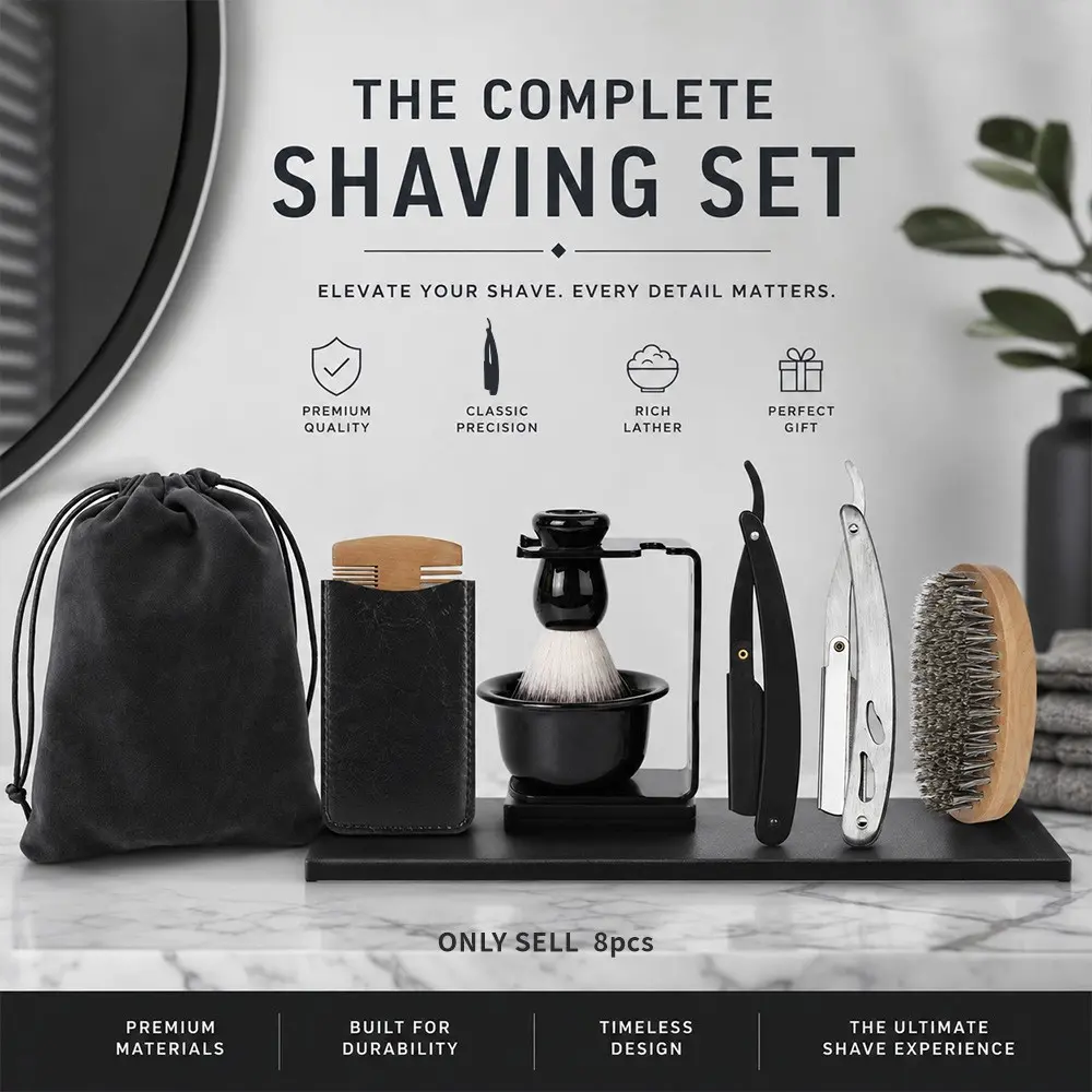 8 Piece Men's Luxury Shaving Set, Vintage Straight Razor, Beard Care Kit, Includes Shave Brush, Bowl, Wood Comb, Leather Pouch, Perfect Gift