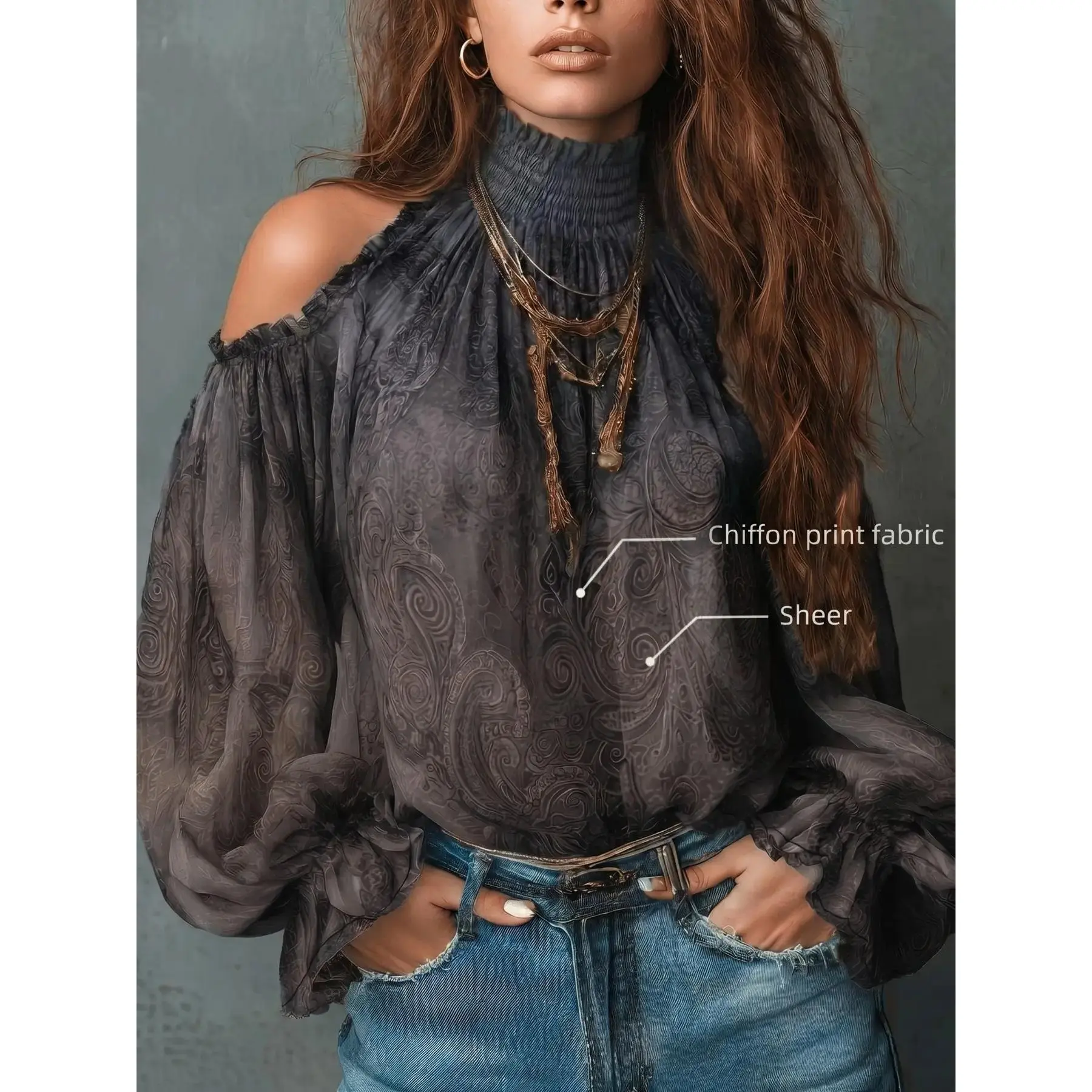 Women's Vintage Off-Shoulder Printed Paisley Loose Blouse Shirt Top, Elegant Retro Design for Casual, Formal or Everyday Wear, Unique Fashion Piece