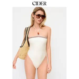Cider Halter Neckline Geometric Bead Detail One Piece Swimsuit