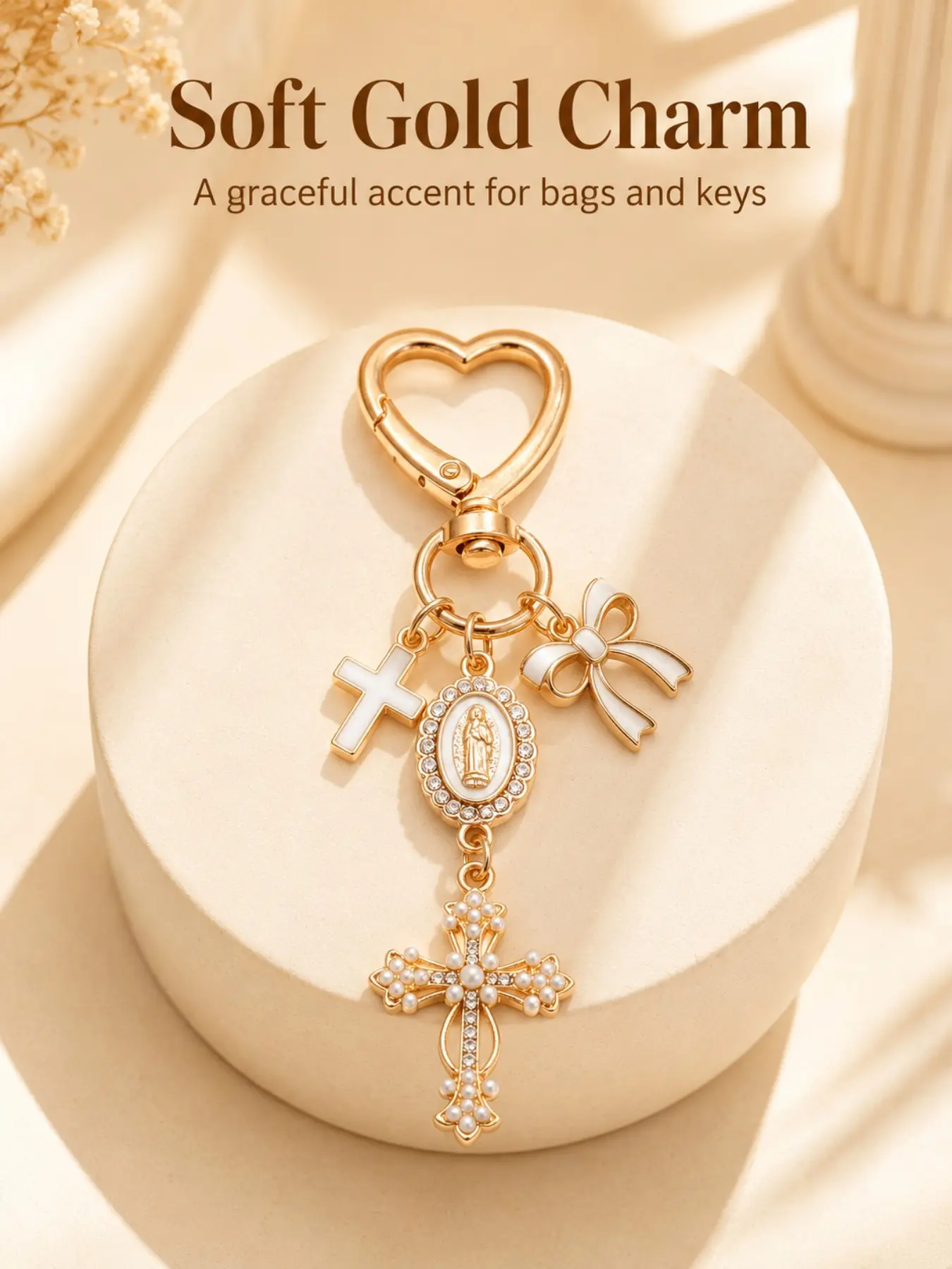 Virgin Mary Pearl Rhinestone Cross Coquette Keychain,Rose Gold Plated Unique Heart Shape Spring Carabiner with,White Enamel Bow, Mini Cross & Rhinestone Border Our Lady of Guadalupe Medal, Feminine Soft Girl Handbag Backpack Car Key Accessory