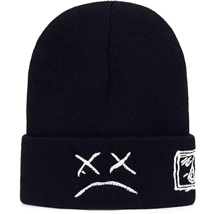 Unisex Sad Face Print Cuffed Plain Skull Knit Beanie, Casual Use Baby Hat & Cap, Single Size Lil Peep Shiesty Accessory Bonnet Protector, Unisex Wear