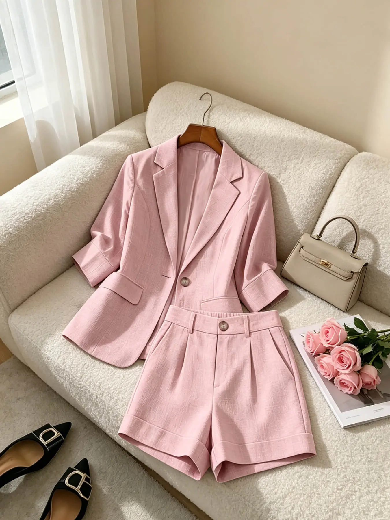 Two piece fashionable, luxurious and casual women's lapel single button suit top+rolled edge suit shorts suitable for summer work, commuting, weekends, exploring stores, viewing exhibitions, clocking in fashion business outfits suit set