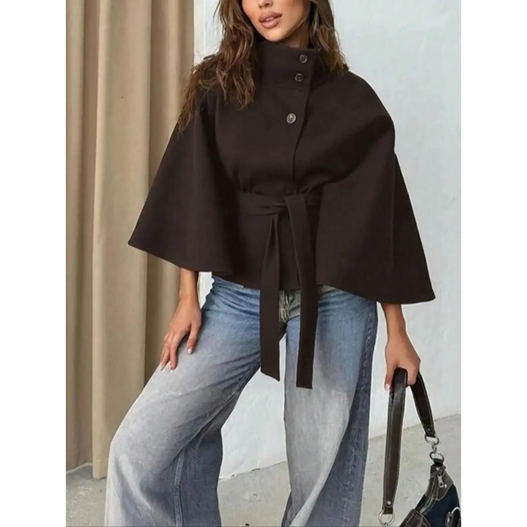 Women's Plain Front Buckle Belted Woolen Cape Coat Casual Fall Winter Outerwear Stylish Daily Wear for Dating Button Closure Longline Overcoat Warm Windproof Wool Blend Capelet for Girls Ladies
