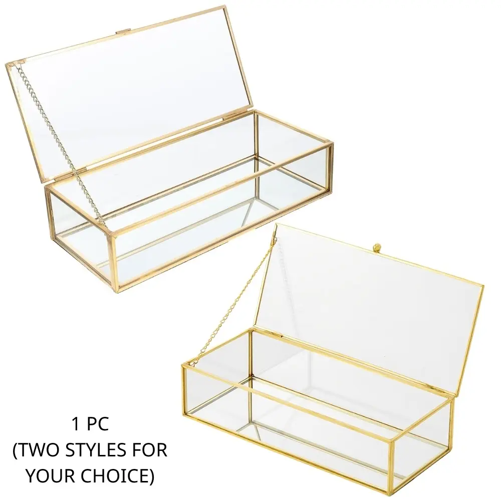 ✨Premium Gold Glass Jewelry Box Organizer Large Clear Keepsake Display Case Luxury Brass Trinket Storage Chest Elegant Makeup Vanity Countertop Decorative Aesthetic Christmas Anniversary Gift for Women Girls 1 PC Two Styles Dressing Table Box