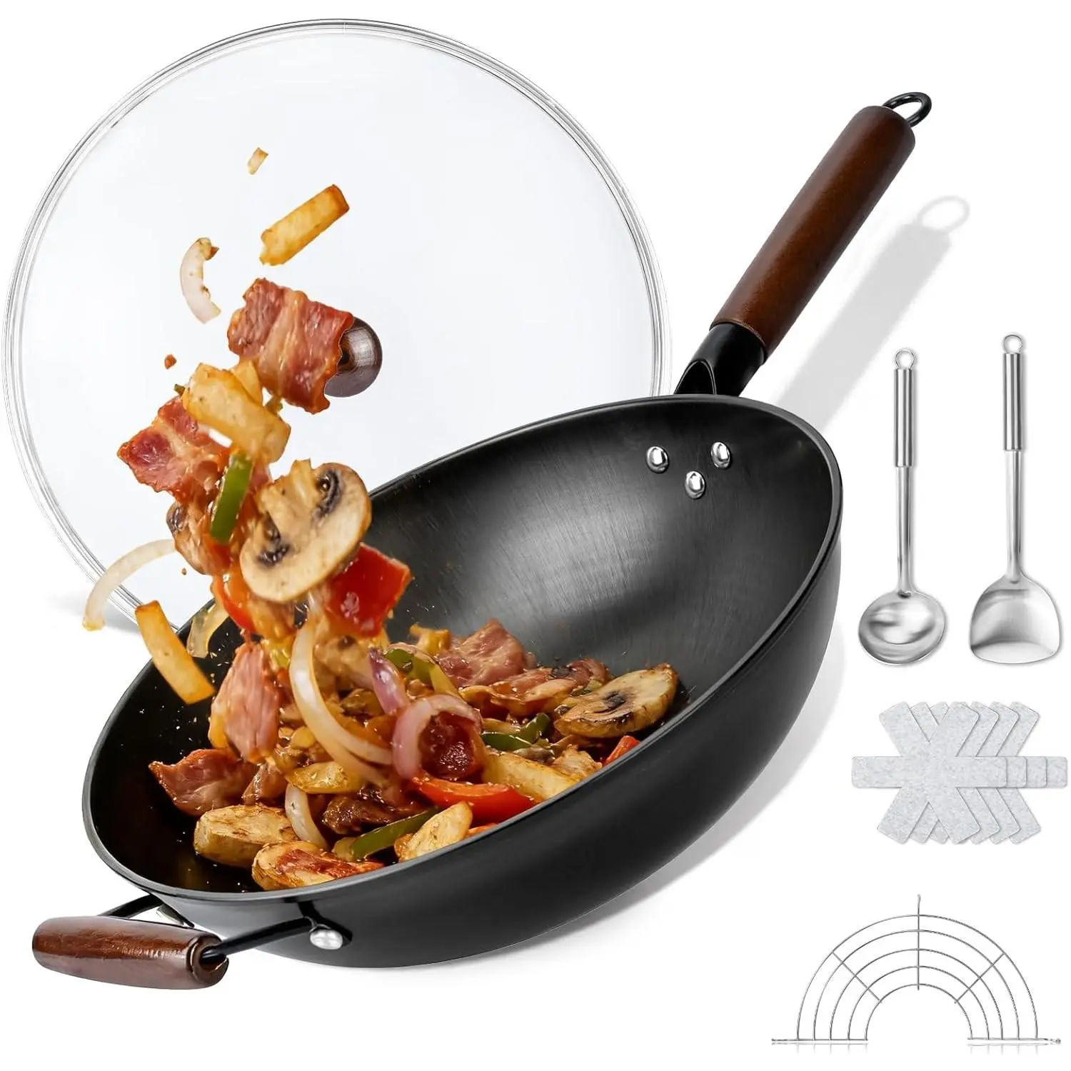 13" Carbon Steel Nonstick Wok & Stir Fry Pan with Lid, Flat Bottom, Fast & Uniform Heat Conduction, Professional Chef Cookware