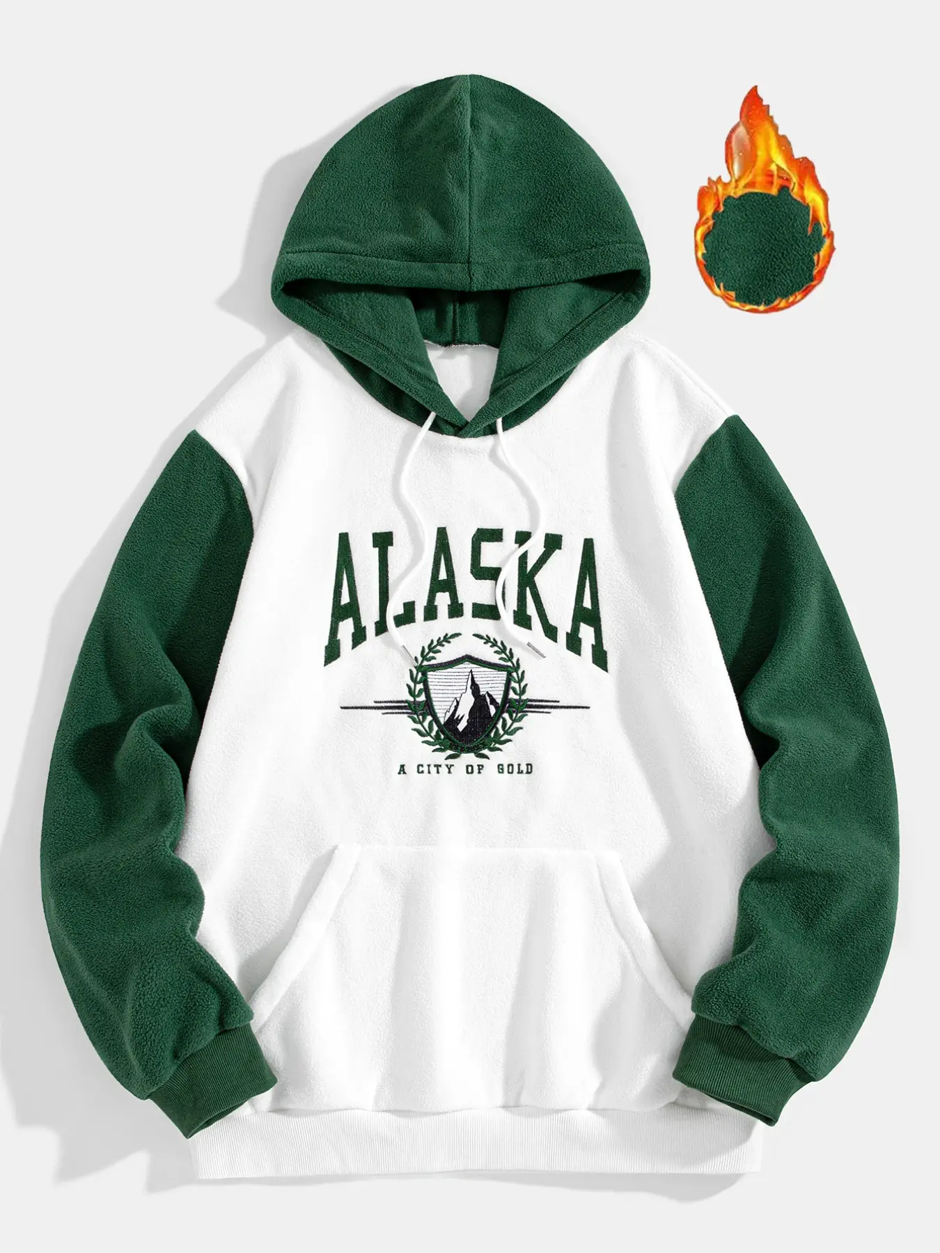 Alaska Letter Print Plush Fleece Hoodie for Men, Color-Block Warm Pullover Sweatshirt, Loose Hooded Top with Pocket, Casual for Travel
