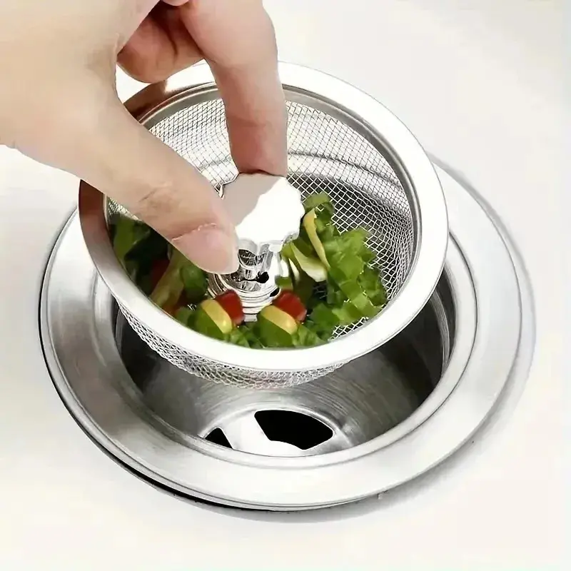 2Pcs Stainless Steel Kitchen Sink Strainer with Handle Stopper, Durable Replacement Drain Basket, Easy-Install Design for Daily Use