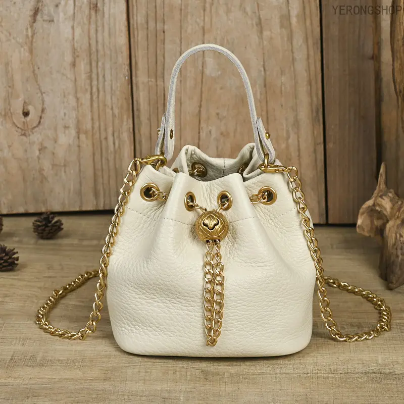 Vintage Vegetable Tanned Leather Bucket Bag, Mini First Layer Cowhide Crossbody Purse, Gold Chain Drawstring Design, Retro Style Shoulder & Handbag for Women, Versatile for Daily & Party Use large capacity adjustable strap