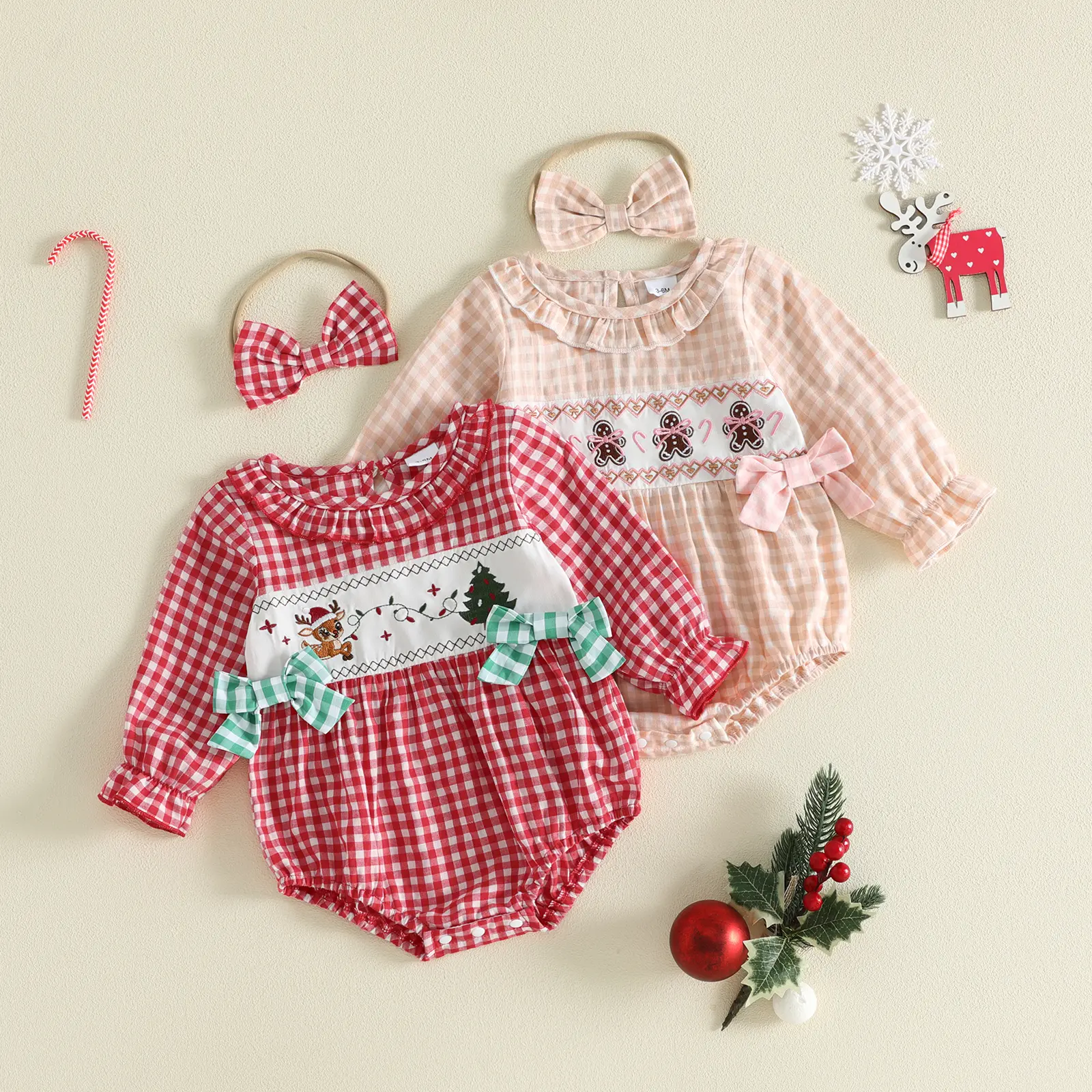 Infant Baby Girl Christmas Outfit Puff Long Sleeve Bubble Romper and Headband Set Fall Winter 0-18 Months