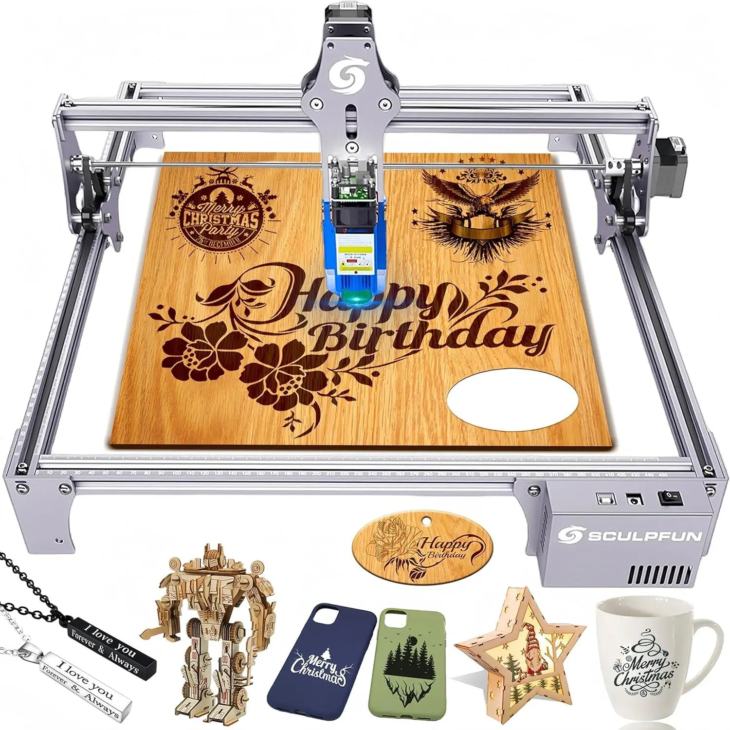 SCULPFUN S6 Pro Laser Engraver - 5500mW Cutter, Class 4 Beginner-Friendly Logo Marking Tool with Edge Measuring Scale, 420x410mm DIY Device for Wood, Acrylic, Stainless Steel, Plastic, Compatible with Mac & Windows
