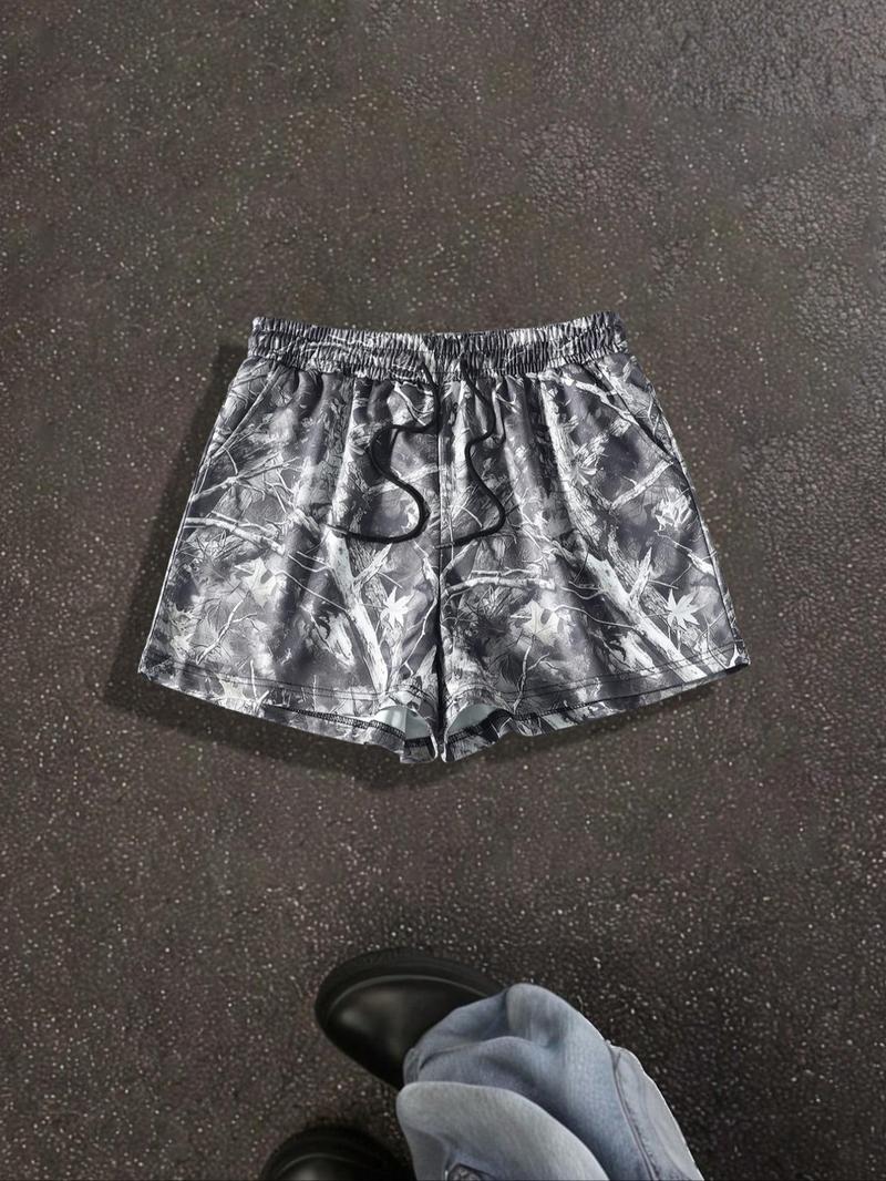 Unisex Branch-Print Shorts, Casual Comfy Breathable Bottoms for Summer, Streetwear Shorts for Daily Wear