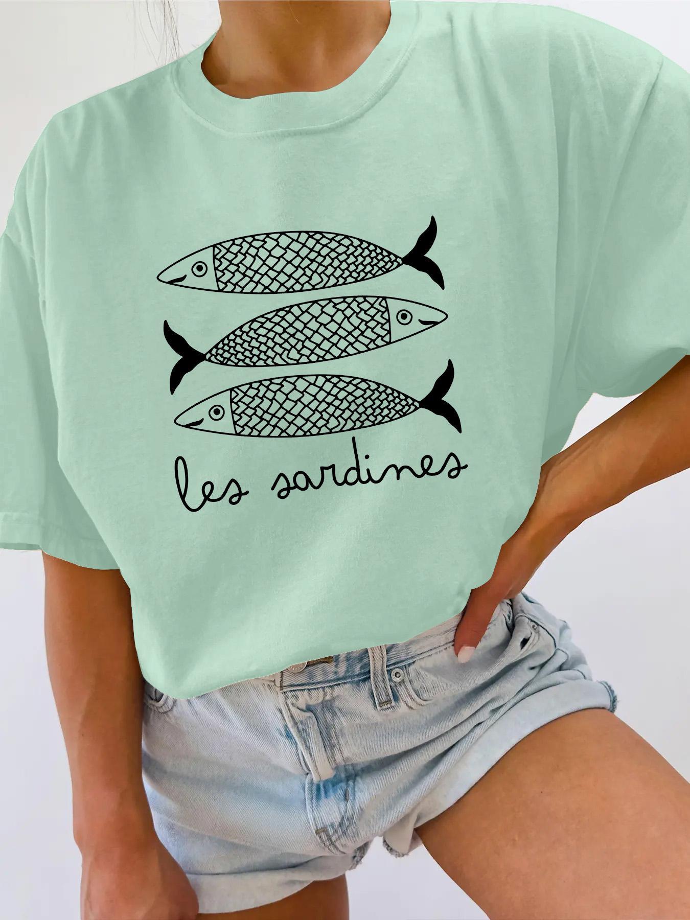Women's Sardine & Letter Print Round Neck Tee, Casual Short Sleeve Crew Neck T-shirt for Summer, Everyday Fashion Women's Top for Daily Wear