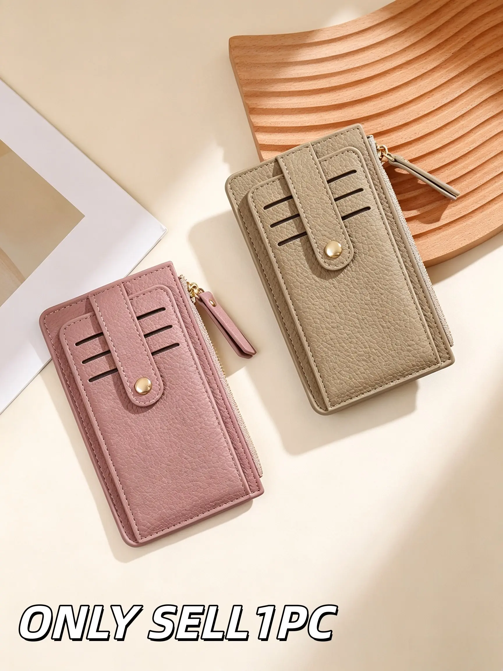 1PC Mid-length Ultra-Thin PU Leather Card Wallet, Snap Button Multi-Card Slot Design with Side Zipper Coin Pocket, Large Capacity ID & Cash Storage Purse for Women Daily Travel Travel Wallets
