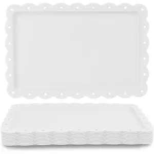 12-Pack Disposable Plastic Rectangle Serving Trays Set, 14.4" x 9.3" White Dessert Plates for Party, Wedding
