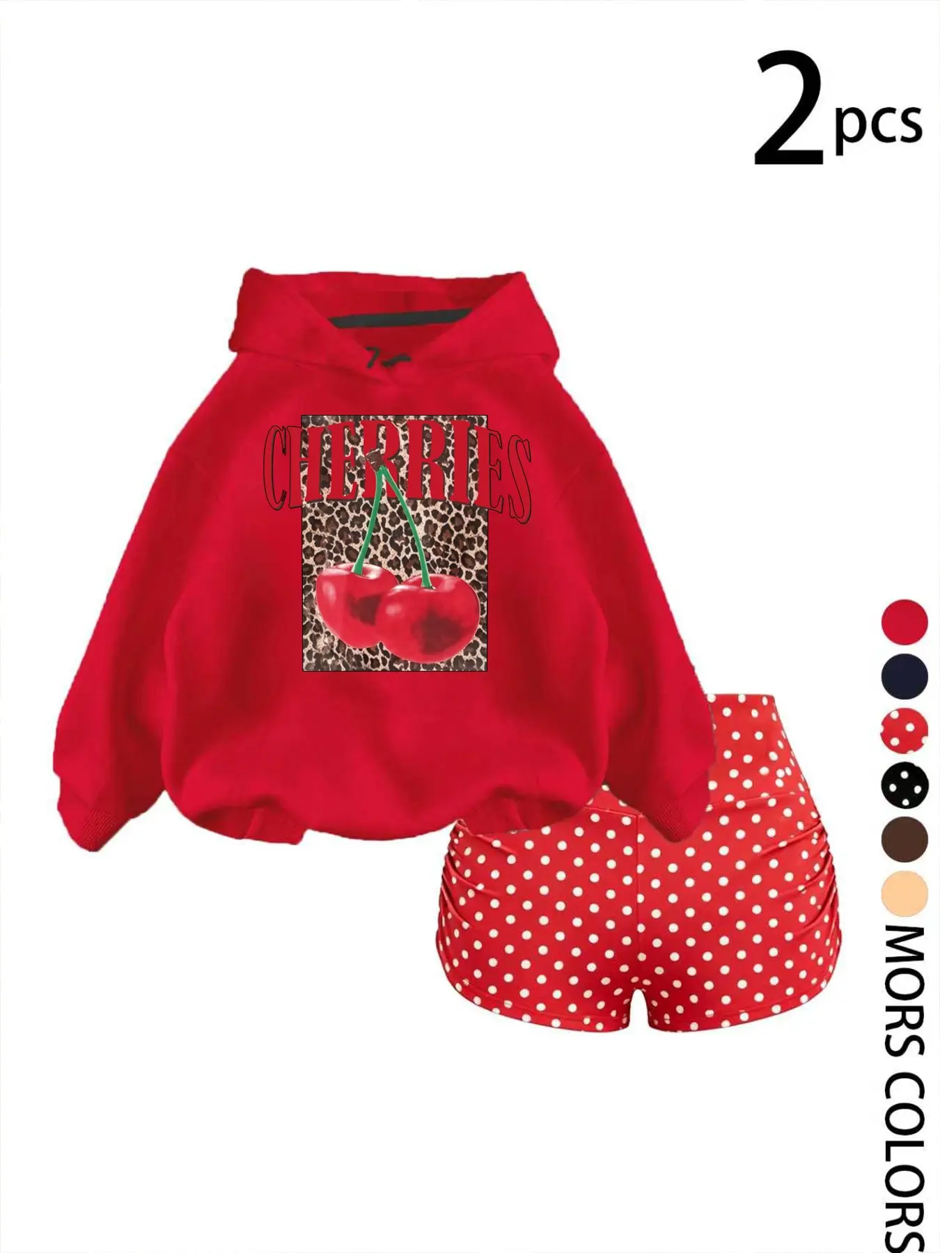 Women's 2-Piece Casual Set, Loose Hoodie with Leopard Print Cherry Pattern, Dot Shorts, Retro Style, Soft Fabric, Perfect for Outdoors