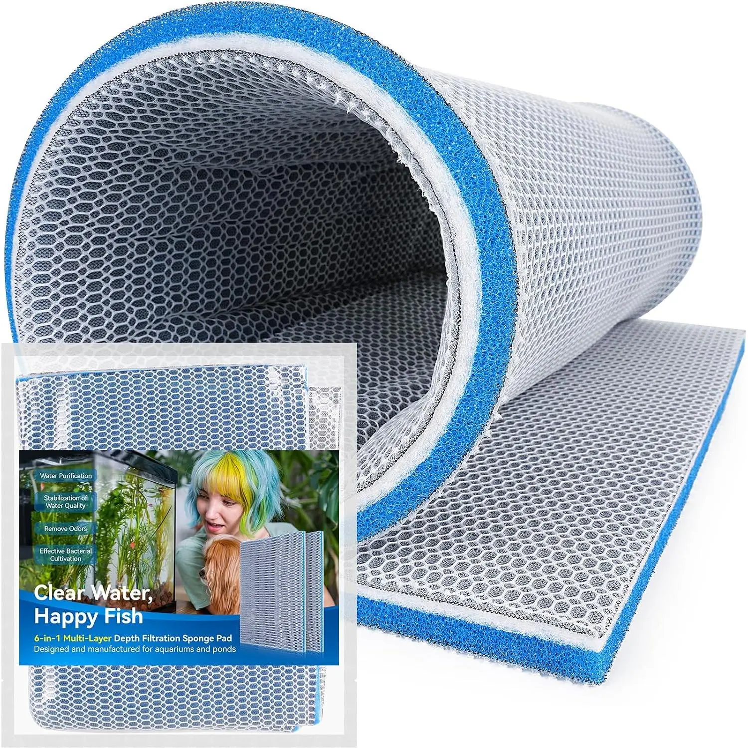 8-Layer -Acting Aquarium Filter Pad - Cut-to-Size Aquarium Floss Media for Fish , Pond, Sump -  Water Polishing in Hours (19.7"x15.75"x0.6")