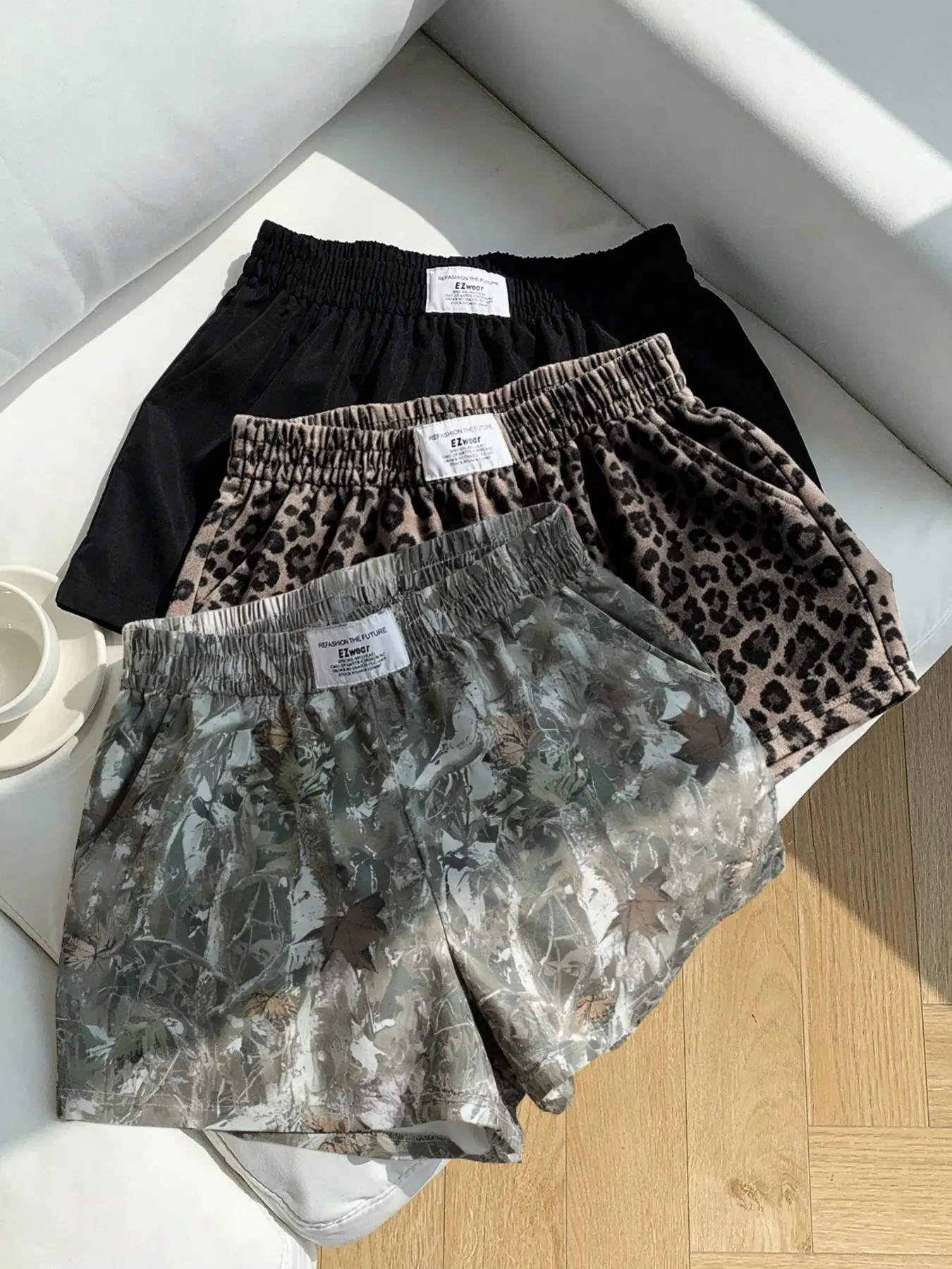 Women's Summer Sportswear Shorts Set, Solid Camo Leopard Print, Elastic Waist, Loose Fit, Breathable Fabric, Casual Outdoor Sports Streetwear