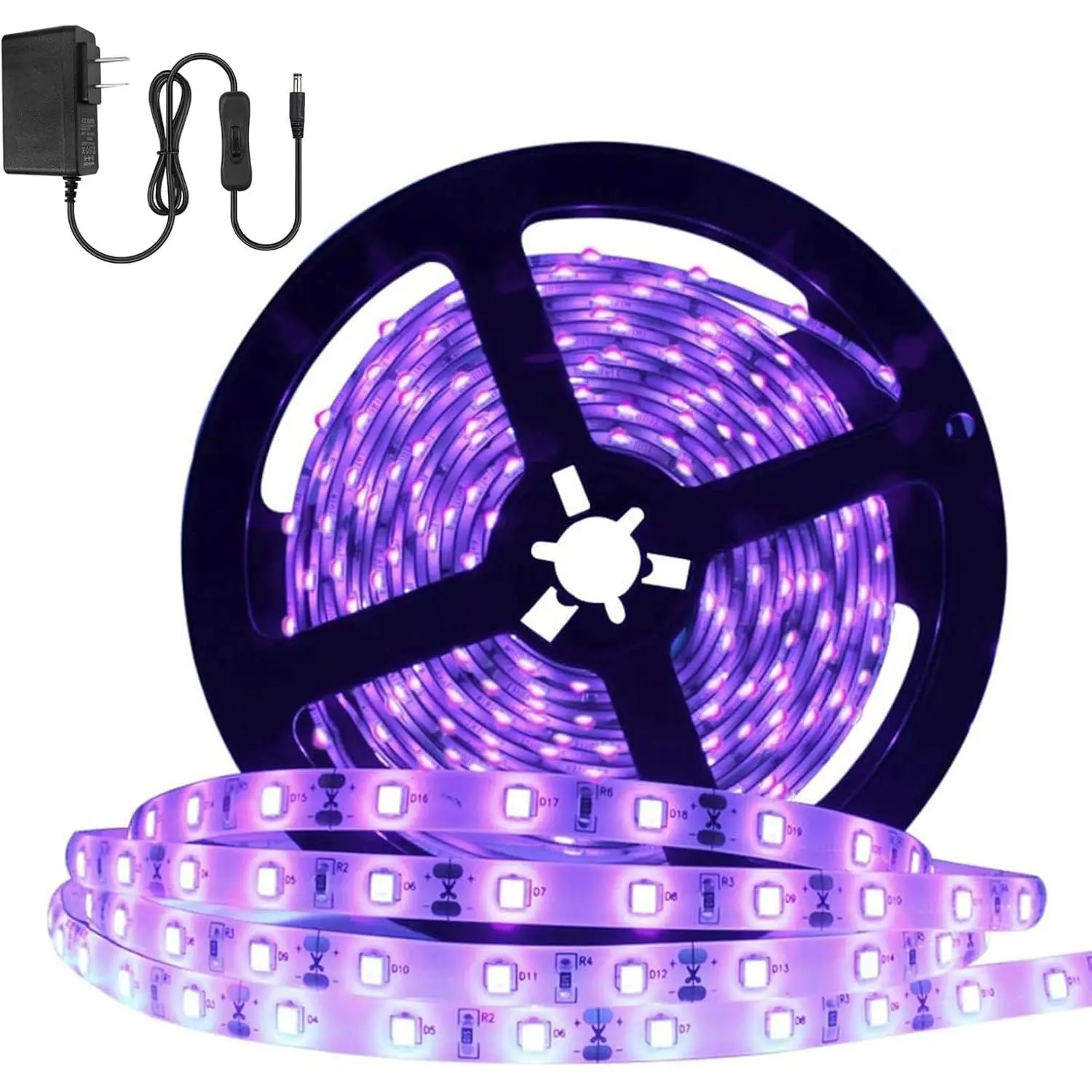 24W UV Black Light LED Strip 16.4FT/5M 3528 300 LEDs 395nm-405nm Non-Waterproof Blacklight with Power Supply for Night Fishing Party