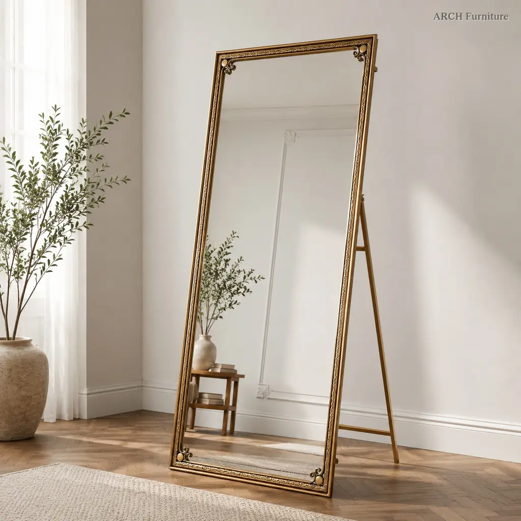 Antique Gold Arched Full-Length Mirror, 70.1in x 31.9in Durable Explosion-Safe Glass, Cast Iron Stand, Wall Hanging or Leaning, Vintage Vanity Mirror for Bedroom