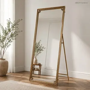 Antique Gold Arched Full-Length Mirror, 70.1in x 31.9in Durable Explosion-Safe Glass, Cast Iron Stand, Wall Hanging or Leaning, Vintage Vanity Mirror for Bedroom
