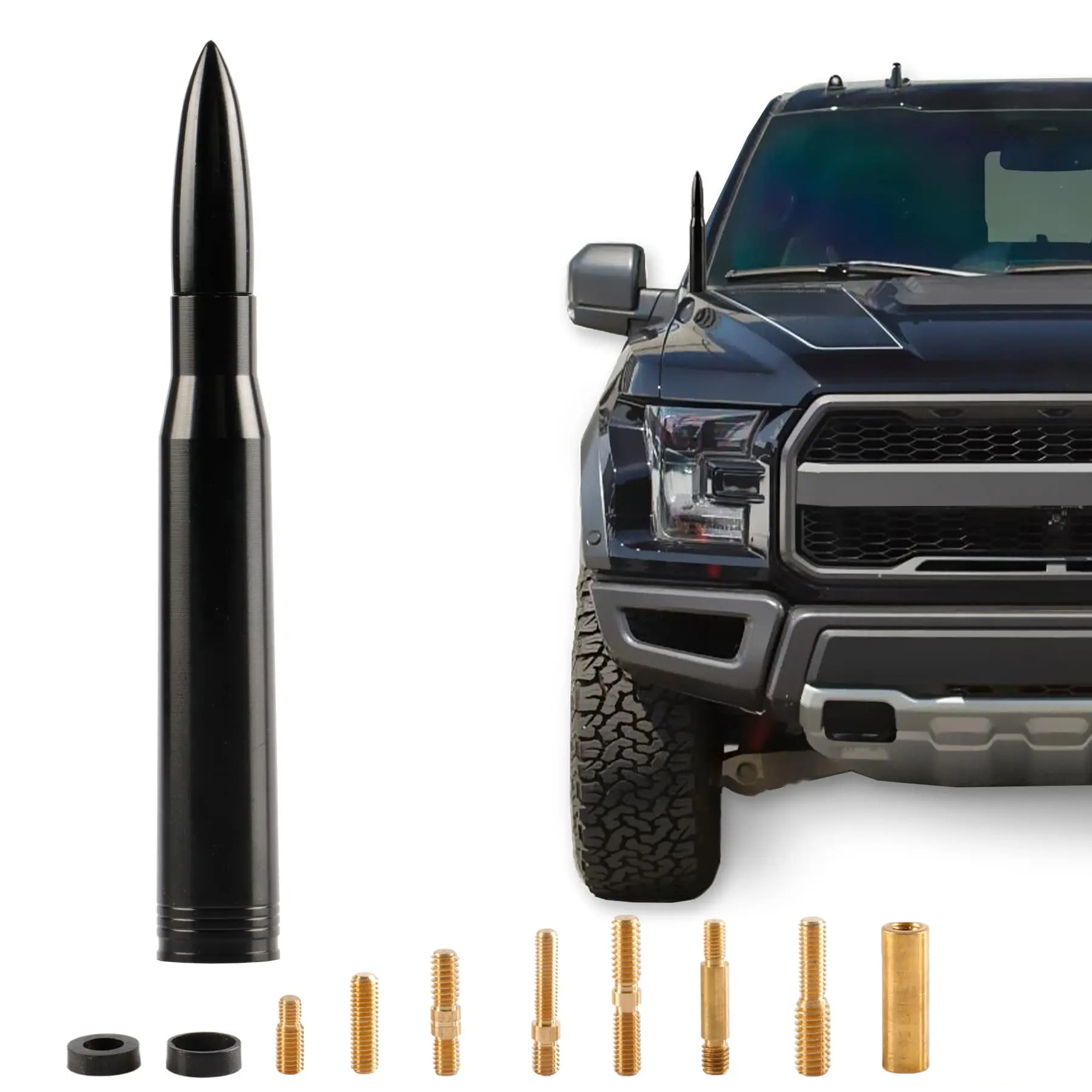 Black 50 Cal American Bullet Antenna, Anti-Theft Vehicle Accessory with Connectivity Boost, 0.8x0.8x5.5in Hood/Roof Mount for Trucks & Cars, Compatible with Ford F-Series, Super Duty, Raptor, Mustang, Vehicle Accessories, 0.8X0.8x5.5"