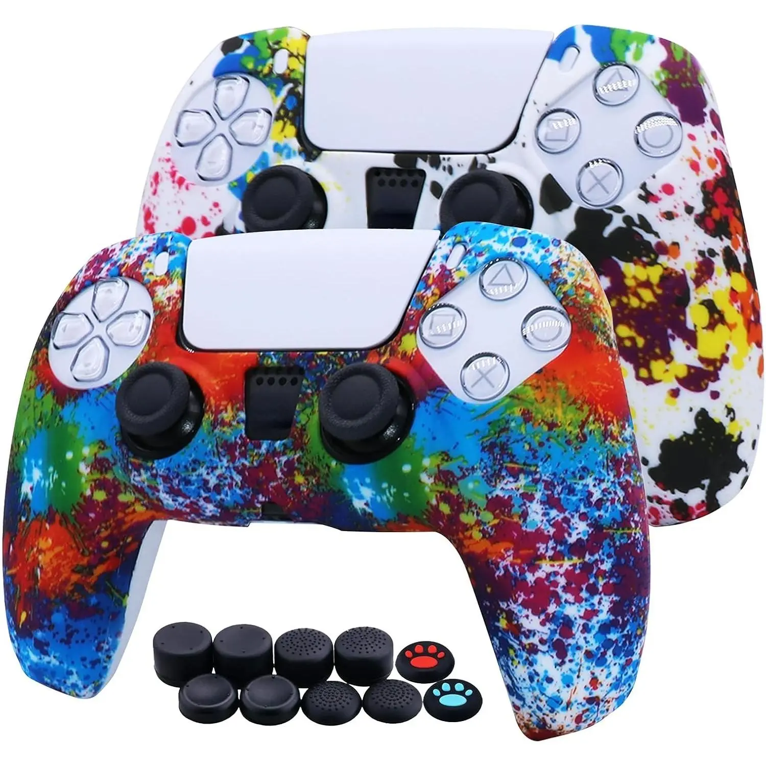 [2 Pack] Jusy PS5 DualSense Controller Soft Silicone Skin with 10 Graffiti Thumb Grips - Ultra-Thin Cut, Sweat-Proof, Dust-Proof, Anti-Slip Protective Case Accessories Set for PS5 Gaming Controllers, Skin + Thumb Grips