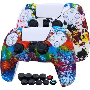 [2 Pack] Jusy Compatible with PS5 Controller Soft Silicone Skin, Sweat-Proof Dust-Proof Anti-Slip Case Cover Protective Accessories Set for PS5 DualSense Controller, with 10 Thumb Grips (Graffiti)