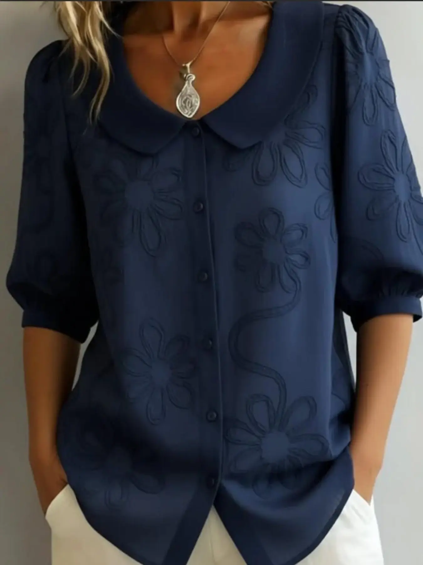Women Peter Pan Collar Blouse, Puff 3/4 Sleeve Button-Down Shirt, Floral Print, Loose Fit, Casual Summer Top, Comfortable & Stylish