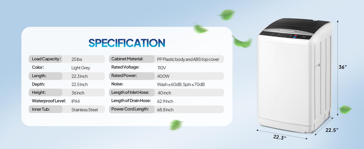 ROVSUN 17.8/25/30LBS Portable Washing Machine, Full-Automatic Electric Laundry Machine with Stainless Steel Drum, 110V Compact Washer, Washer and Dryer Combo with Drain Pump for Apartment, Dorms, RV, 400W