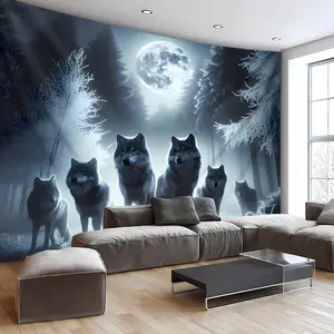 1 Piece Amazing Wolf Moon Landscape Canvas - HD Digital Print Wall Hanging, Polyester Fiber, No Installation Required, Perfect for Living Room, Bedroom, Office, Family Room, Party Decoration, Moon Decoration, Wolf Wallpaper, Bedroom Background Cave, Fores